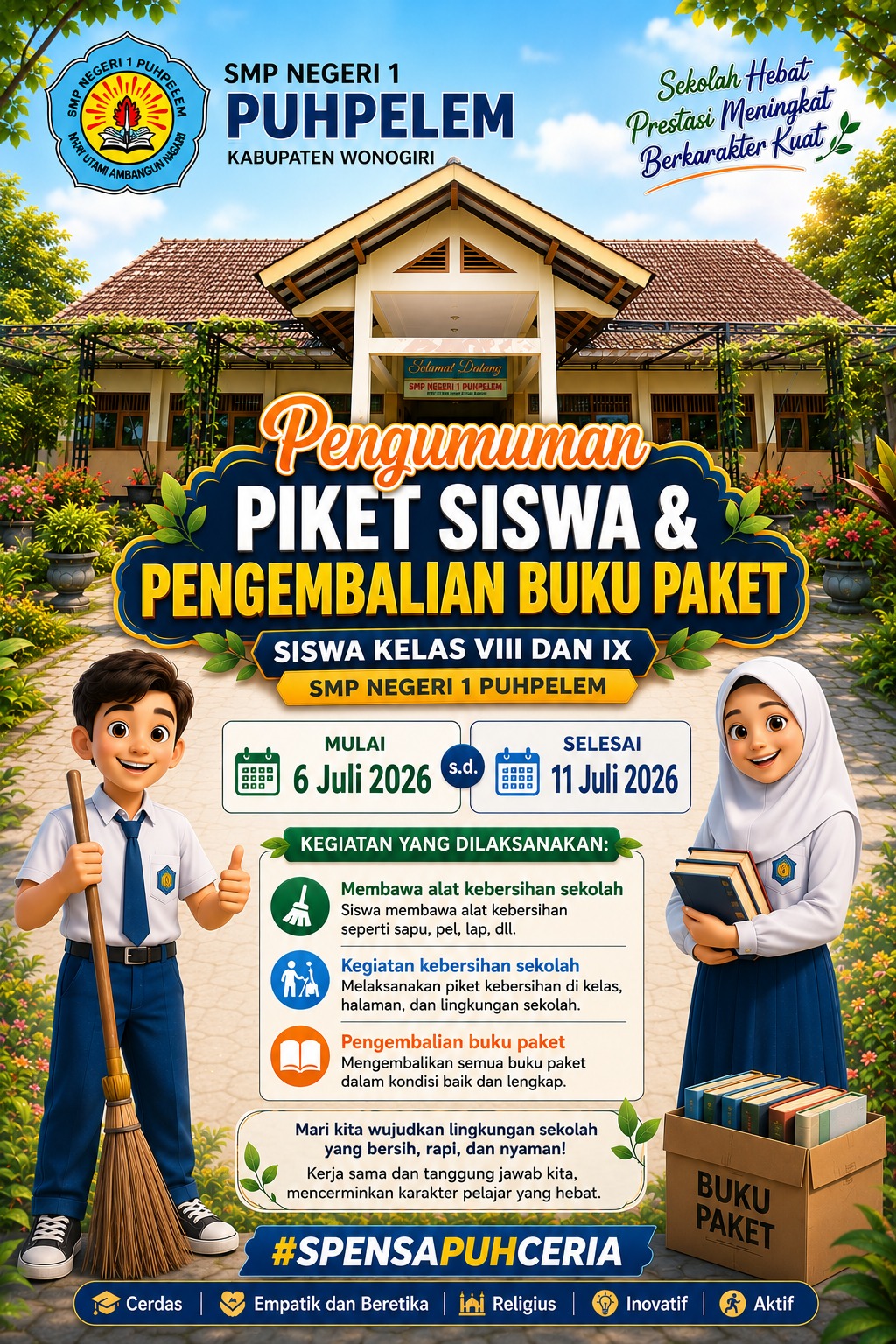 Pengumuman: Jadwal Piket Siswa dan Pengembalian Buku Paket Kelas VIII & IX SMP Negeri 1 Puhpelem